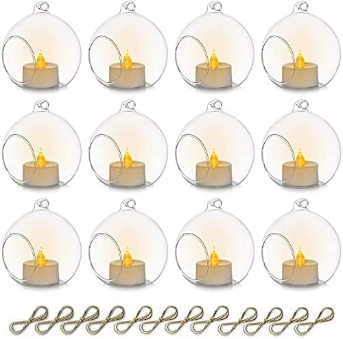 Sziqiqi Hanging Glass Globes Orbs Tea Light Candle Holders with Flameless LED Tealight for Wedding Ornaments Wedding Birthday Christmas Party Centerpiece Accessory 3.15in 12pcs