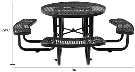 Global Industrial 46" Round Picnic Table, Expanded Metal, Black Thermoplastic Coating, Attached Benches, 1-1/2” Umbrella Pole Hole, Outdoor-Rated, 1000 lb Capacity
