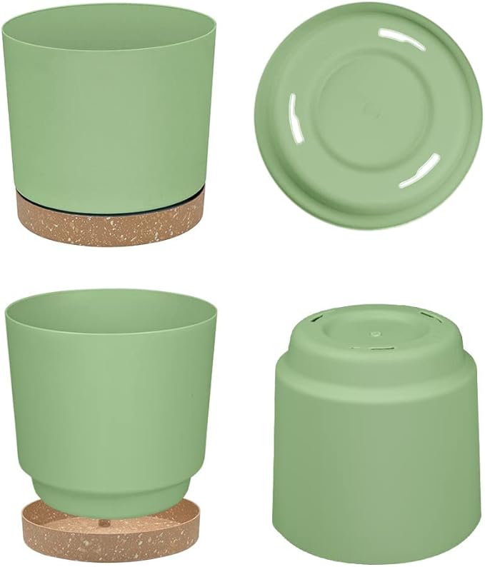ZMTECH Plant Pots, Set of 6 6.5'' Self Watering Plastic Planter with Drainage Hole and Saucer,Modern Decorative Flower Pot for Indoor Outdoor House Plants, Succulents, Flowers - Green