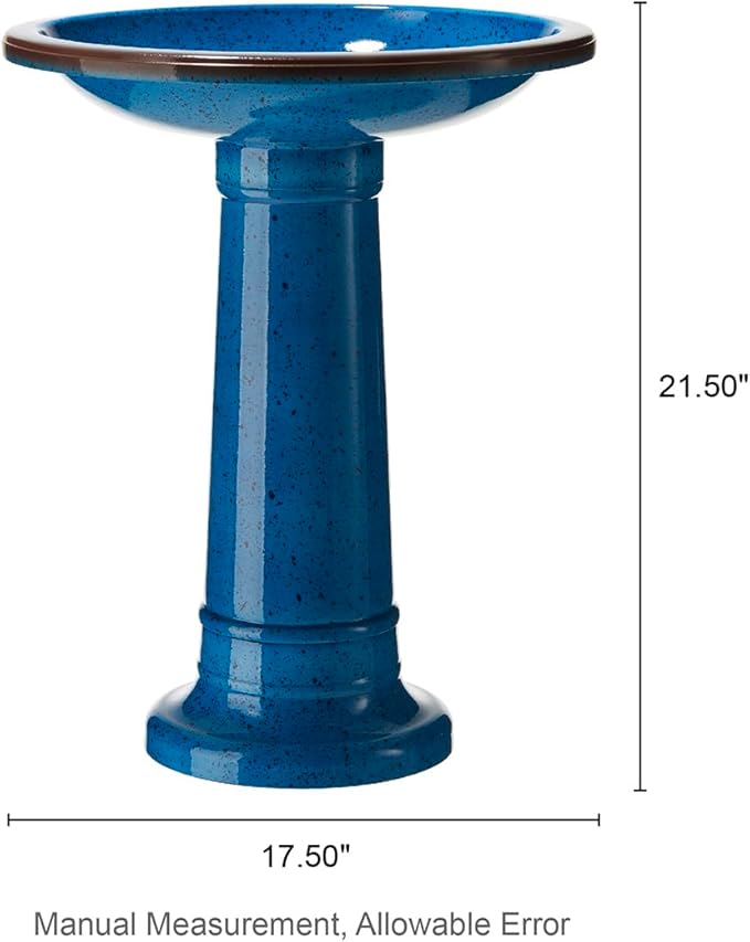 Glitzhome 21.5" H Plastic Cobalt Blue Faux Ceramic Bird Bath for Outside, Hand-Painted Tall Pedestal Style Birdbath for Outdoor Patio Garden Backyard Decking