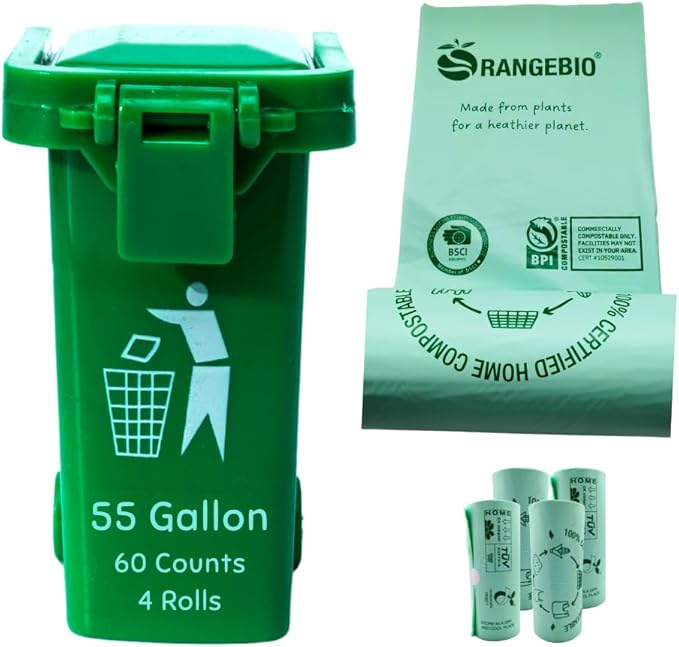 100% Certified Home Compostable Trash Bags, 55 Gallon, 60 Count, 1.5 Mils Extra Thick 38 x 58 Inches, 208 Liter, Compostable Liners, ASTM D6400 EN 13432 US BPI & OK Compost Home Certified