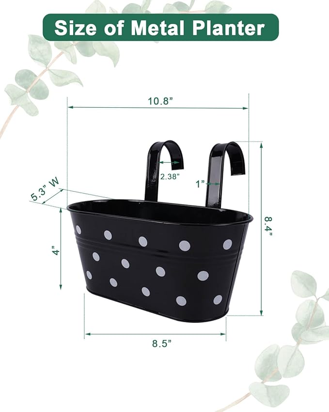 vensovo Metal Railing Planter for Outdoor Plants - 3 Pack Balcony Hanging Flower Pots with Detachable Hooks and Drain Holes Oval Bucket Rail Box Fence Planters for Home Garden Decor, Black with Spot