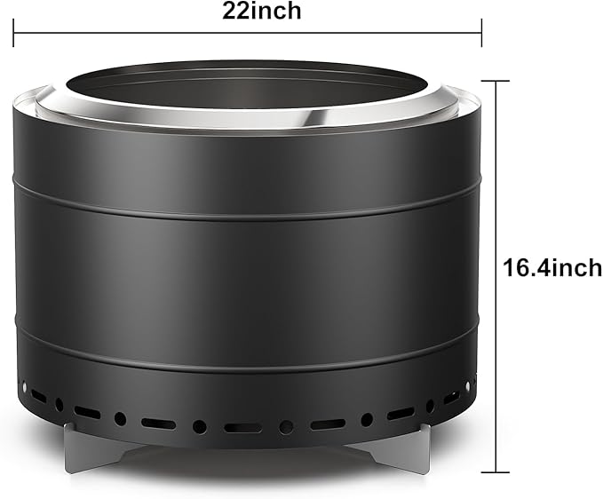 22 inch Smokeless Fire Pit with Carry Bag, Stainless Steel Outdoor Smokeless Firepit, Wood Burning Fire Pits for Camping, Bonfire,Low Smoke Firepit for Outside(Black)