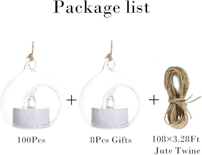 Sziqiqi Hanging Glass Globes Orbs Tea Light Candle Holders with Flameless LED Tealight for Wedding Ornaments, Wedding Birthday Christmas Party Centerpiece Accessory 2.36inch 100pcs +8 Extra