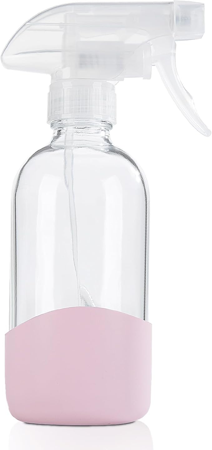 HOMBYS 8 Oz Empty Clear Glass Spray Bottles with Silicone Sleeve Protection Refillable Containers for Cleaning Solutions, Essential Oils, Misting Plants - Quality Sprayer - 1 Pack Boston Bottles