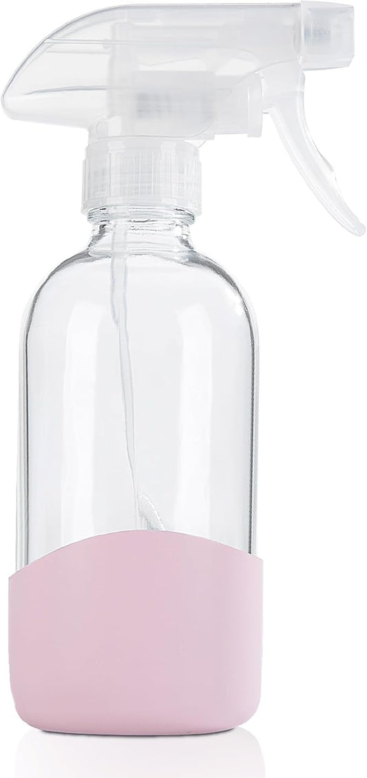HOMBYS 8 Oz Empty Clear Glass Spray Bottles with Silicone Sleeve Protection Refillable Containers for Cleaning Solutions, Essential Oils, Misting Plants - Quality Sprayer - 1 Pack Boston Bottles