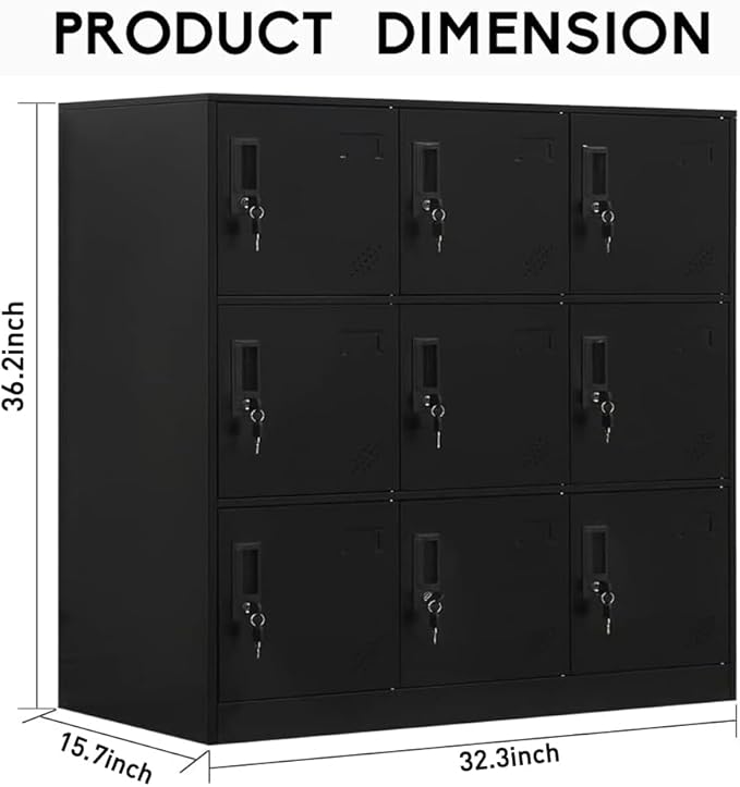 9 Door Metal Storage Locker Cabinet for Office, Home, Gym, School, Steel Cabinet to Storage File, Toys, Shoes and Sports Equipment, Locker Organizer for Gym Office Bedroom (9 Door, Black)