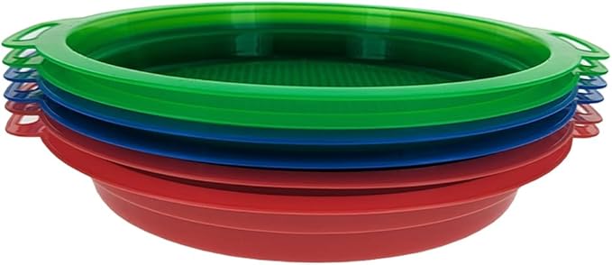 SE 6-Piece Set of 8.5" Plastic Sand Sifting Pans in a Mesh Bag, with 36 Holes Per Inch, in Red, Blue, and Green Colors