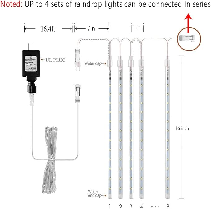 Aokudoni Christmas Lights Outdoor, Upgraded 16 inch /40cm Meteor Shower Lights 8 Tube Falling Rain Light Icicle String Lights for Xmas Tree New Year Party Wedding Decorations, UL Plug, White