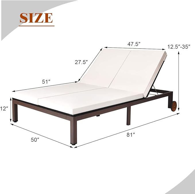 Tangkula 2-Person Patio Lounge Chair, Outdoor Rattan Double Wicker Daybed Chaise with Adjustable Backrest Wheels & Cushion, Loveseat Sofa for Garden Lawn Backyard (Cream)