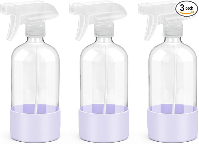 Glass Spray Bottles with Silicone Sleeve Protection, Empty 16 oz Refillable Containers, Reusable Spray Bottles with Adjustable Nozzle for Hair, Cleaning Solutions, 3 Pack Purple