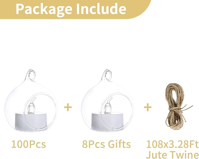 108 Pcs Mini Hanging Tealight Holder with LED Candles, 2.36in Hanging Glass Globes Candle Holder, Hanging Glass Terrarium Glass containers for Wedding Party Tree Decoration (Contains LED Candles)