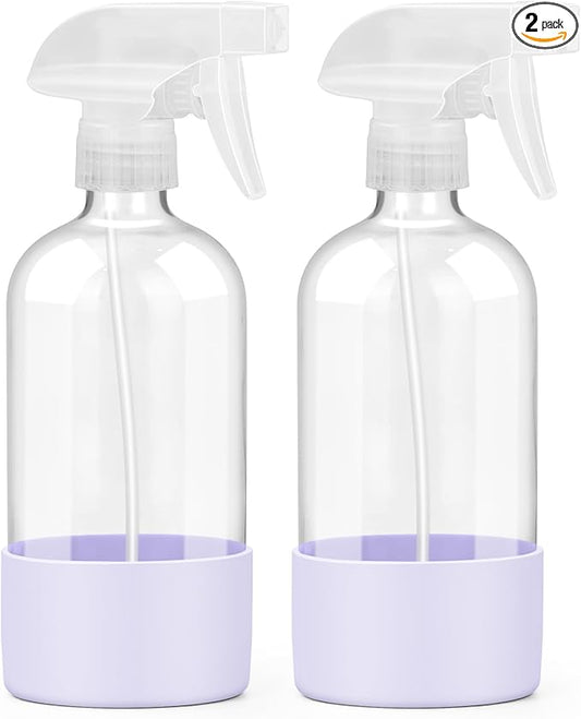 2 Pack Glass Spray Bottles with Silicone Sleeve, 16 oz Empty Refillable Containers with Adjustable Spray Nozzles, Spray Bottles for Hair, Cleaning Solutions and Plants Purple