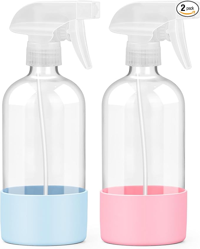 2 Pack Glass Spray Bottles with Silicone Sleeve, 16 oz Empty Refillable Containers with Adjustable Spray Nozzles, Spray Bottles for Hair, Cleaning Solutions and Plants Blue&Pink