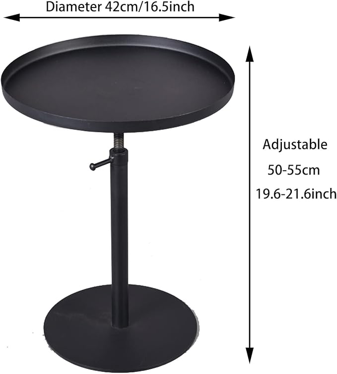Outdoor Side Table,Tray Metal Sofa End Table, Accent Coffee Table, Adjustable Height, Waterproof and Anti-Rust Outdoor&Indoor Snack Table, Black (Round Top)