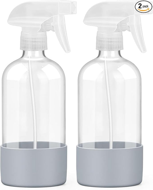 2 Pack Glass Spray Bottles with Silicone Sleeve, 16 oz Empty Refillable Containers with Adjustable Spray Nozzles, Spray Bottles for Hair, Cleaning Solutions and Plants