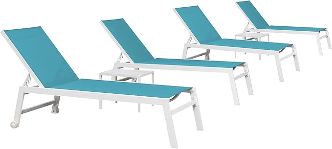PURPLE LEAF Oversize Outdoor Chaise Lounge Set of 4 Outdoor White Aluminum Lounge Chairs with Side Table and Wheels Patio Lounge Chair for Yard Pool Deck, Turquoise