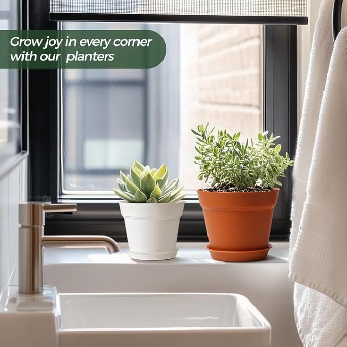 T4U 6 Inch Plant Pot 8-Pack, Plastic Planter with Drainage Hole and Saucer, Decorative Nursery Pots Bulk for African Violet, Snake Plant, Succulent, Herb and Plants Indoor (8 Pcs 6" Pots)