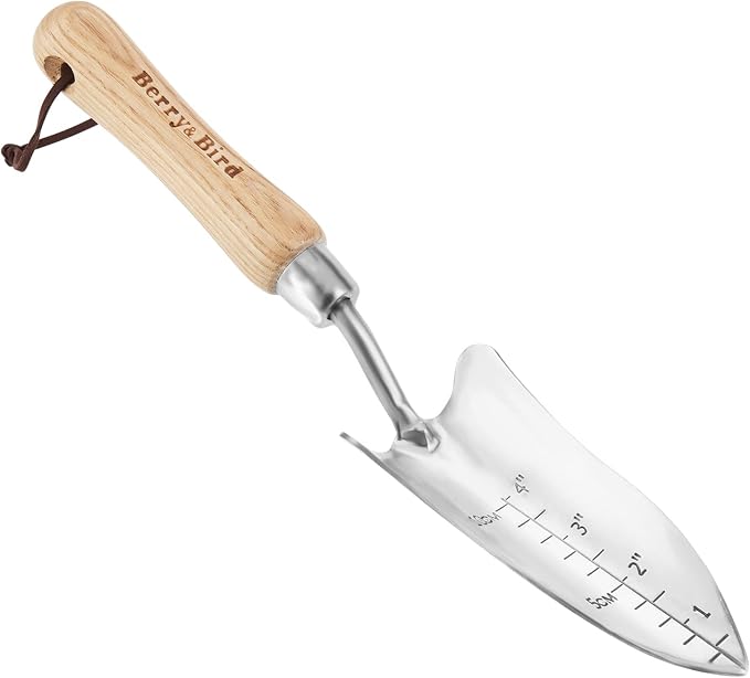 Berry&Bird Transplant Trowel with Measurements, Garden Stainless Steel Potting Hand Trowel with Wooden Handle, Small Garden Hand Shovel Transplanter Tool for Planting Digging Transplanting Gardening
