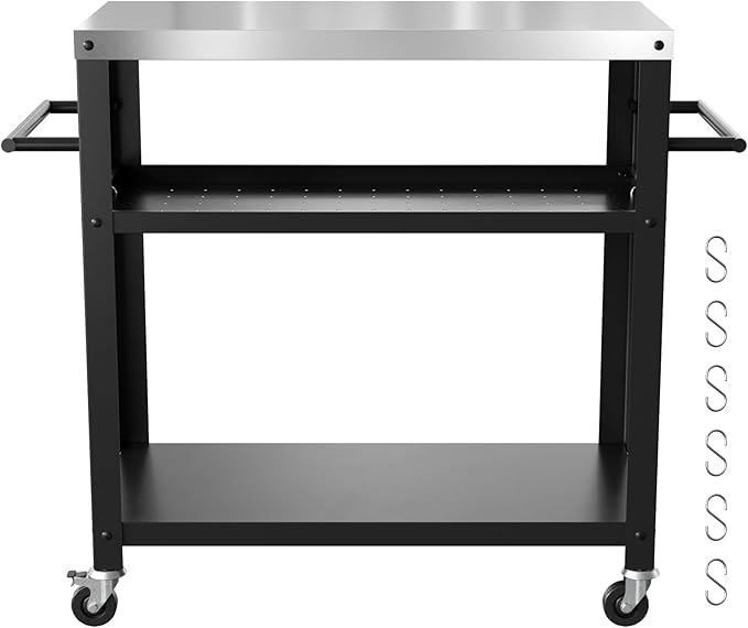 Outdoor Grill Cart with Three-Shelf, Stainless Steel Pizza Oven Table for Outside, Dining Kitchen Cart with Two Side Handle, Garden Patio BBQ Kitchen Food Prep Table Cart (Black)