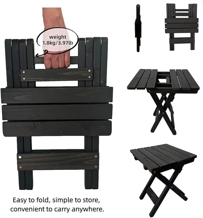 Outdoor Side Table, No Assembly Folding Wooden End Table for Outside or Indoor, Small Patio Tables for Camping, Pool, Bathroom, Backyard and Porch (Black)