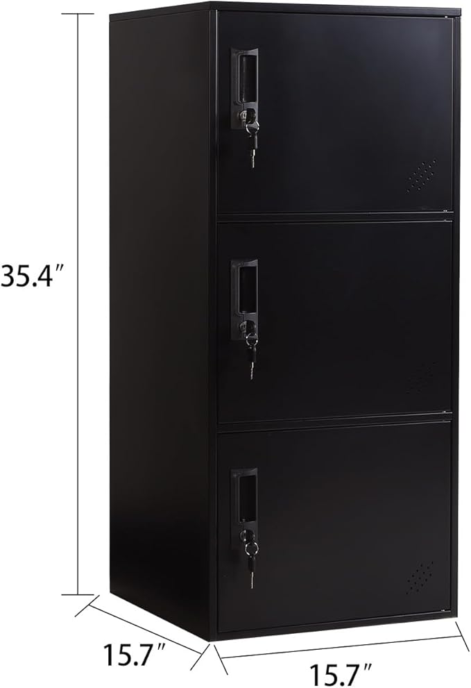 3 Door Metal Vertical Storage Locker for School, Office, Home,Gym,Stackable Steel Storage Cabinet with Lock,Anti-Falling Device. (3 Door, Black)