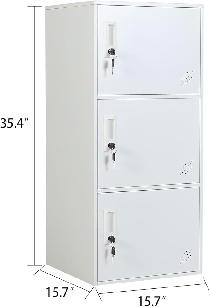 3 Door Metal Vertical Storage Locker for School, Office, Home,Gym,Stackable Steel Storage Cabinet with Lock,Anti-Falling Device. (3 Door, White)