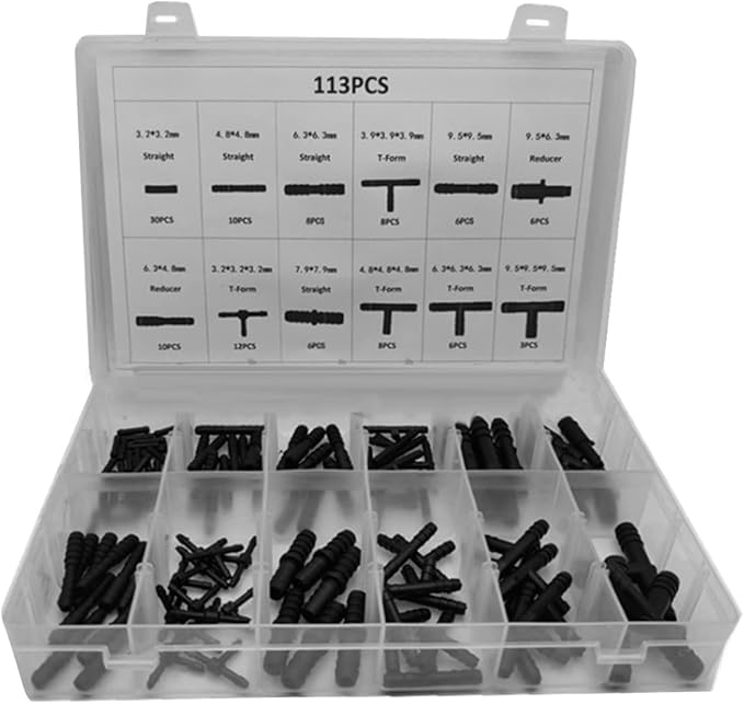 zipelo 113 Pieces Barbed Connectors, Car Quick Coupling Water Jet Tube, Drip Irrigation Fittings Kit, Water Hose Connector, Straight Barbs Tees Reducer Types, Garden Lawn Irrigation System