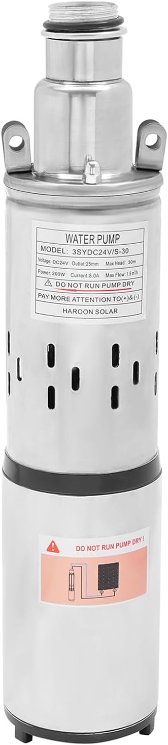 Deep Well Submersible Pump DC 24V 200W Electric Solar Powered Water Pump, 5.3 GPM Flow, 98ft Lift, Farm Ranch Irrigation Submersible Bore Hole Deep Well Pump