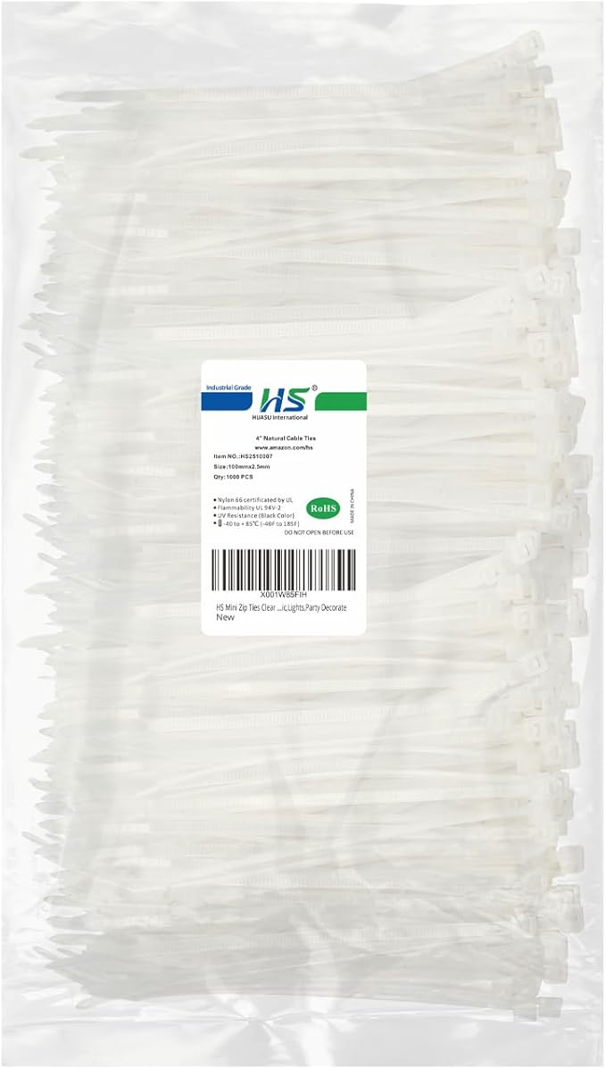 HS 1000 Pack Mini Zip Ties Clear Plastic Ties 4 Inch Bulk 4" White Cable Ties 18 Lb for Bag Tags,Electric,Lights,Party Decorate