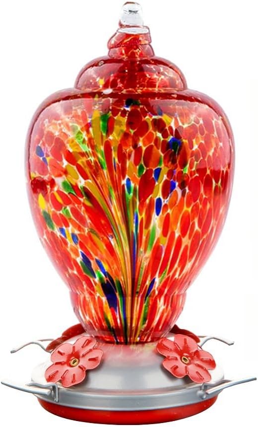 WOSIBO Hummingbird Feeder for Outdoors Patio Large 32 Ounces Colorful Hand Blown Glass Hummingbird Feeder with Ant Moat Hanging Hook, Rope, Brush and Service Card (RED-Firework)