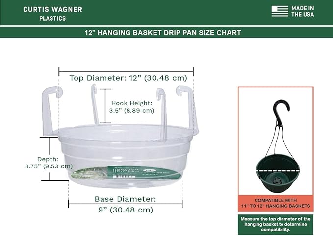 Curtis Wagner Plastics Hanging Basket Drip Pans (5-Pack) | Clear, Round (Diameter = 9" Base, 12" Top, 3.75" Depth) Hanging Plant Tray Saucer with Built-in Hooks & Water Catcher for Indoor & Outdoor