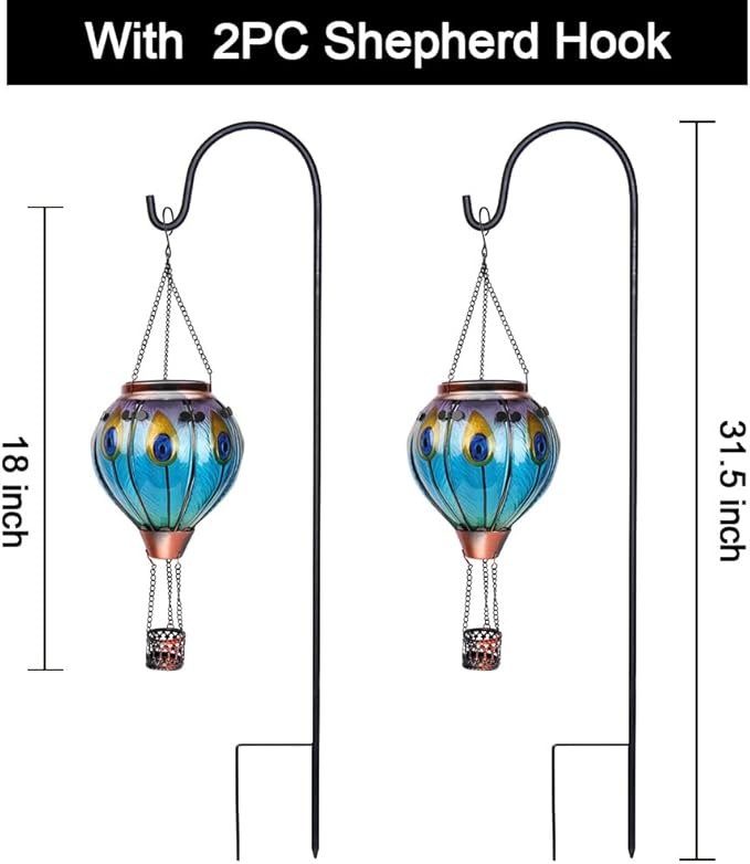 2PC Hot Air Balloon Solar Lantern with 2PC Shepherd Hook, Flickering Flame Hanging Solar Lanterns Outdoor Lights Waterproof Lanterns for Garden Patio Yard Party Decor (Peacock Feather Blue)