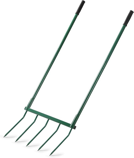 Broadfork Garden Tool with Steel Handle Heavy Duty Five Tines Broad Fork for Gardening Loosening and Aerating Soil, U-Shaped Design Hand Tiller, Compost Turner and Aerator