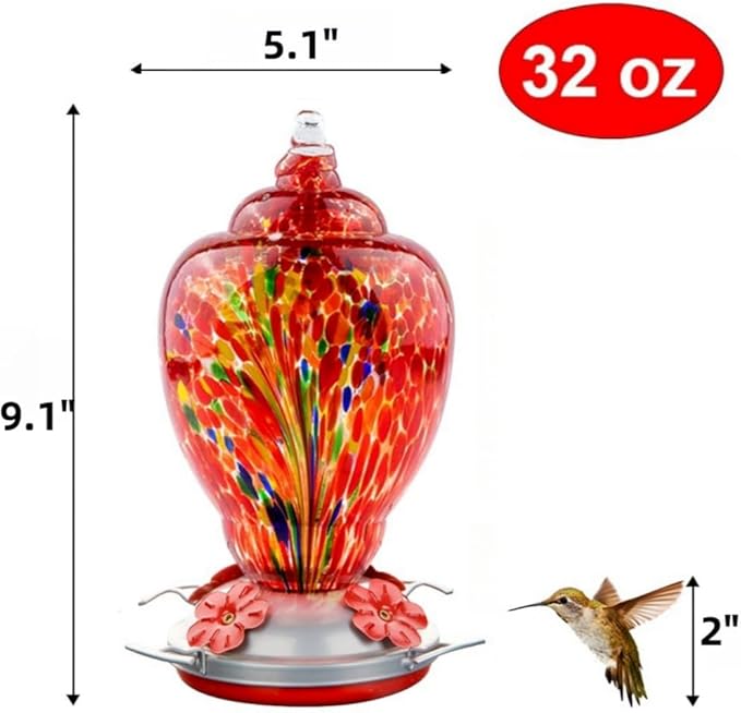 WOSIBO Hummingbird Feeder for Outdoors Patio Large 32 Ounces Colorful Hand Blown Glass Hummingbird Feeder with Ant Moat Hanging Hook, Rope, Brush and Service Card (RED-Firework)
