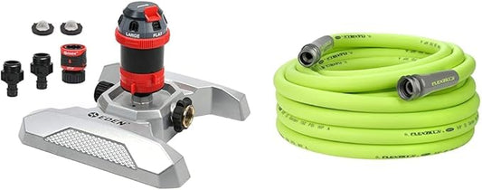 Eden Metal Adjustable 6-Pattern Mobile Rotary Gear Drive Garden Sprinkler Bundle with Flexzilla Garden Hose