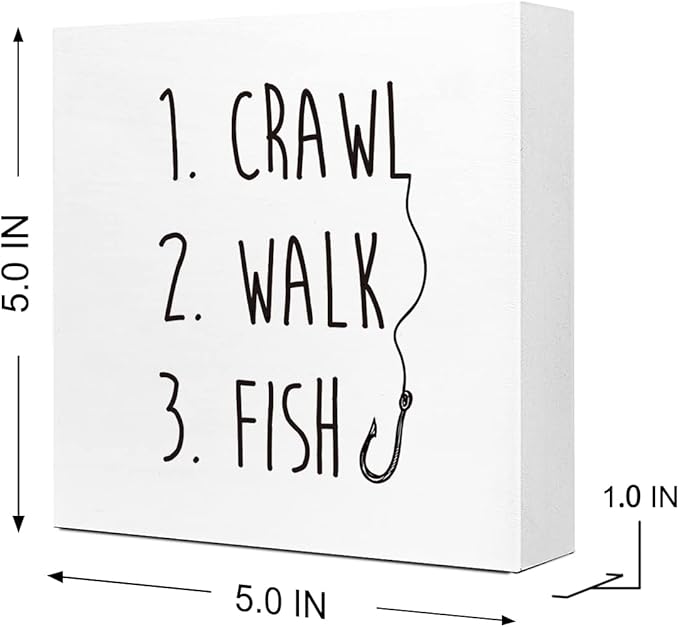 Crawl Walk Fish Rustic Wooden Sign Desk Decor,Funny Baby Fishing Wood Block Sign Desk Decorations for Home Bedroom Baby Room Desk Shelf Table Decor