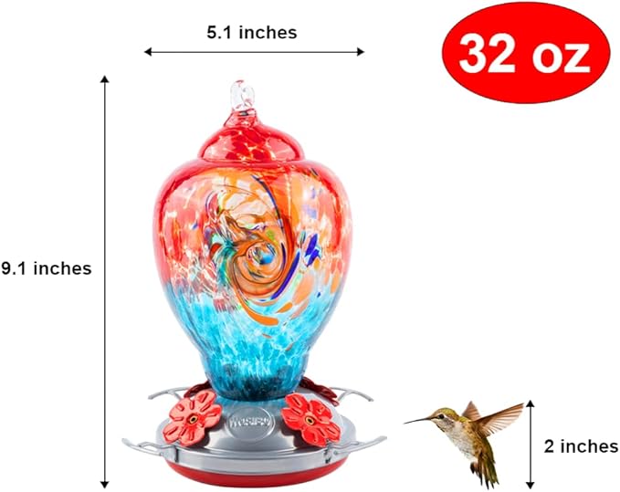 WOSIBO Hummingbird Feeder for Outdoors Patio Large 32 Ounces Colorful Hand Blown Glass Hummingbird Feeder with Ant Moat Hanging Hook, Rope, Brush and Service Card (Red-Blue)