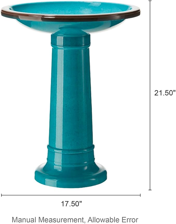 Glitzhome 21.5" H Plastic Turquoise Faux Ceramic Bird Bath for Outside, Hand-Painted Tall Pedestal Birdbath in Weather Resistant for Outdoor Patio Garden Backyard Decking