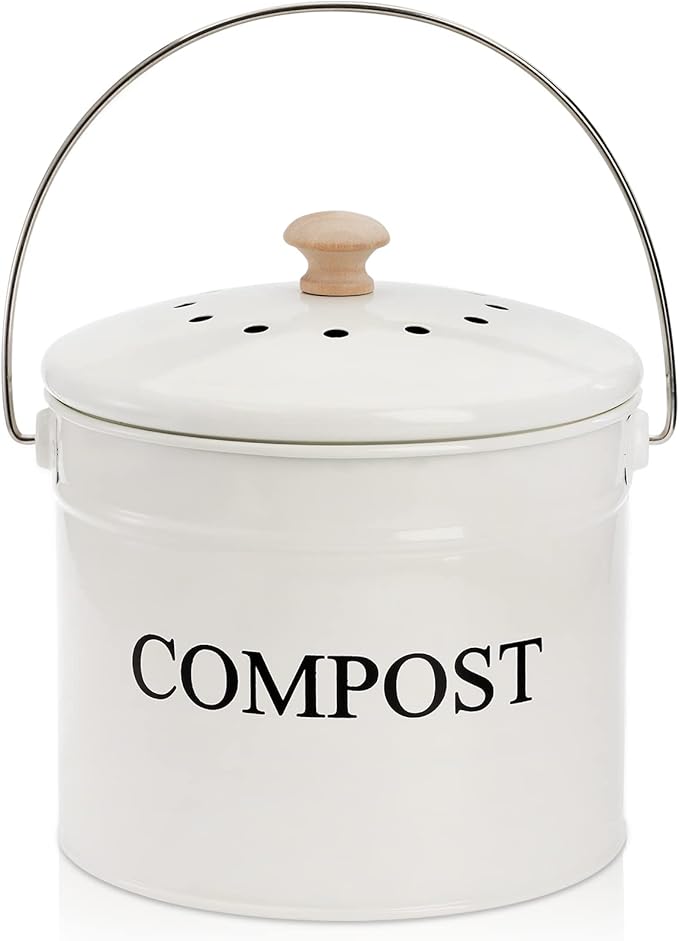 AVLA Compost Bin Kitchen Countertop, 1 Gallon Composter Pail, Food Waste Composting Bucket, Odorless Trash Keeper Container, White Scraps Caddy with Charcoal Filter, Carrying Handle, Lid
