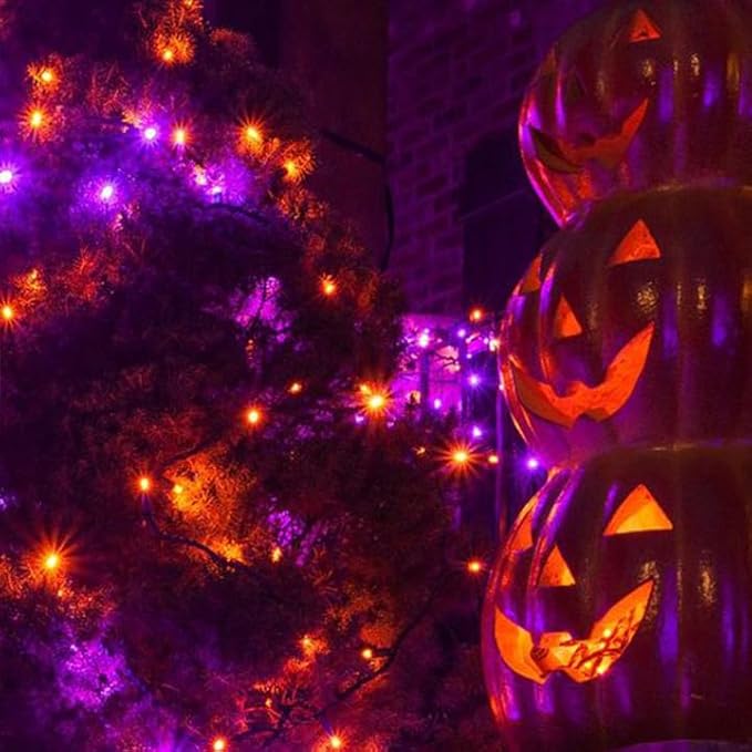 2 Pack 200 LED Solar Halloween Lights Outdoor Waterproof, Solar String Lights for Outside, Solar Tree Light with 8 Lighting Modes for Xmas Party Garden Yard Halloween Decorations (Orange and Purple)