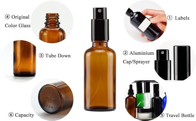 YIZHAO Amber Glass Spray Bottles 2oz, with Small Fine Mist Spray, Metal Cap, Refillable for Essential Oil,Travel,Cleaning,Perfume,Aromatherapy,Makeup – 6 Pcs