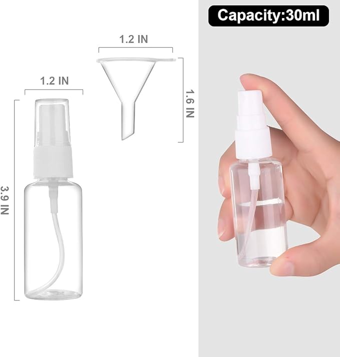 Spray Bottle, 1oz/30ml Small Plastic Fine Mist Spray Bottles, Mini Empty Travel Bottles with Funnels and Labels 6 Pack