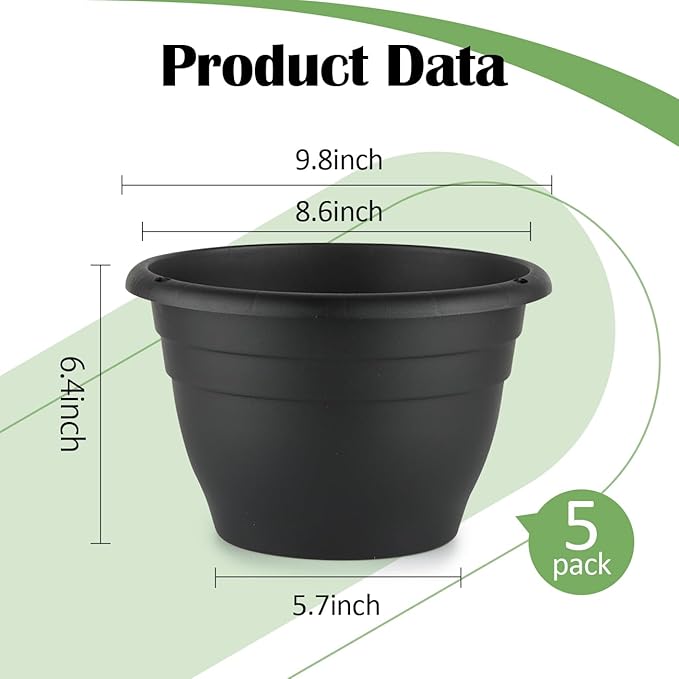 Plant Pots Set of 5, 10" Outside Diameter Flower Pots, 8.5" Inner Diameter Planters with Drainage Hole, Durable Perfect for Indoor & Outdoor Plant Planting, Decor, Black