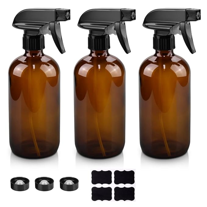Glass Spray Bottles, 16oz Amber Glass Spray Bottles with Labels & Adjustable Nozzle, Reusable Containers for Cleaning, BBQ, Food, Plants, Alcohol, Essential Oils(3 Pack)