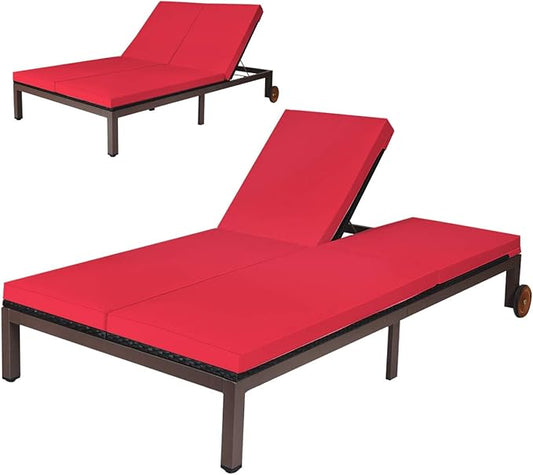 Tangkula 2-Person Patio Lounge Chair, Outdoor Rattan Double Wicker Daybed Chaise Lounge Chair with Adjustable Backrest Wheels & Cushion, Patio Sofa for Garden Lawn Backyard (Red)