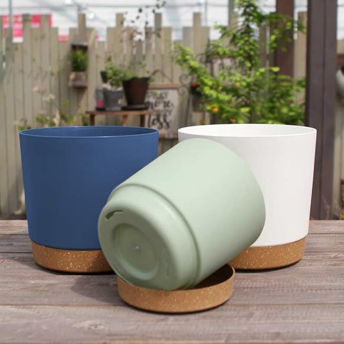 ZMTECH Set of 6 Self Watering Plastic Plant Pots, 6.5in Diameter x 6.1in Height, Modern Decorative Flower Pots for Indoor Outdoor House Plants, Succulents, Flowers (White+Green+Blue)