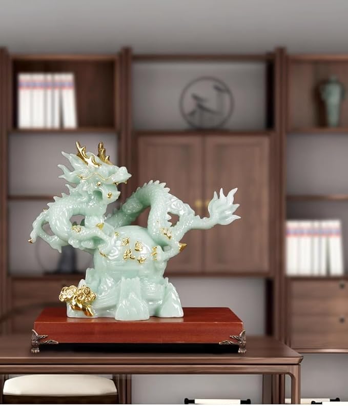 12.2 INCH Chinese Feng Shui Dragon Lucky Jade Color Figurine Statue for Luck & Success,Home Office Bookshelf Desk Decor,Green