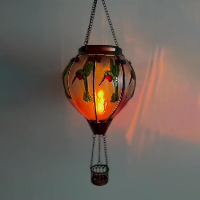 2PC Hot Air Balloon Solar Lantern with 2PC Shepherd Hook, Flickering Flame Hanging Solar Lanterns Outdoor Lights Waterproof Lanterns Decorative Garden Patio Yard Party Decor (Hummingbirds)
