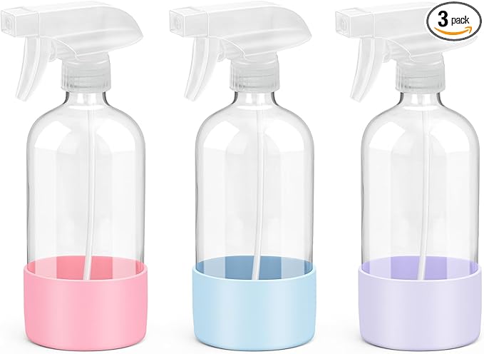 Glass Spray Bottles with Silicone Sleeve Protection, Empty 16 oz Refillable Containers, Reusable Spray Bottles with Adjustable Nozzle for Hair, Cleaning Solutions, 3 Pack Pink&Blue&Purple